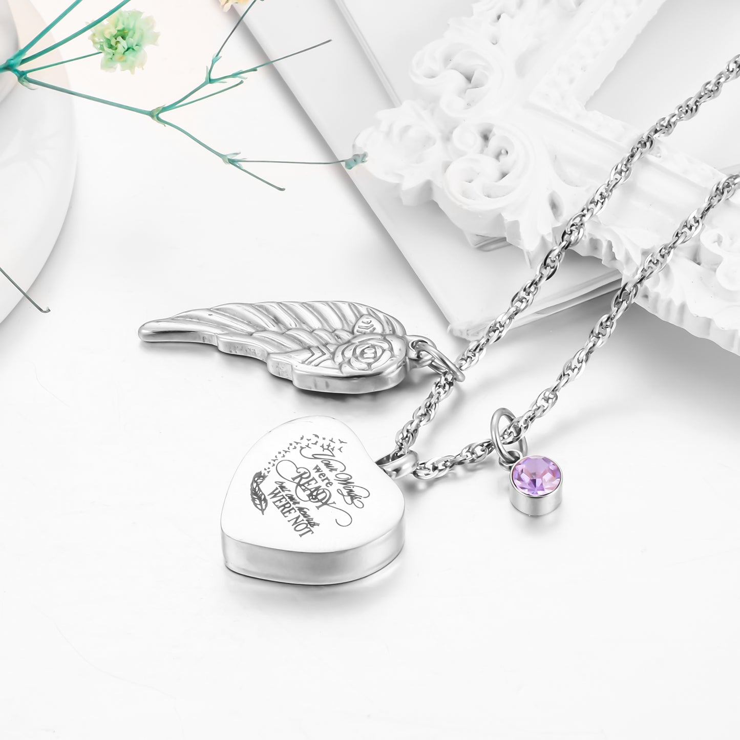 Heartfelt Memorial Jewelry: Winged - Rose & Birthstone Locket Necklace