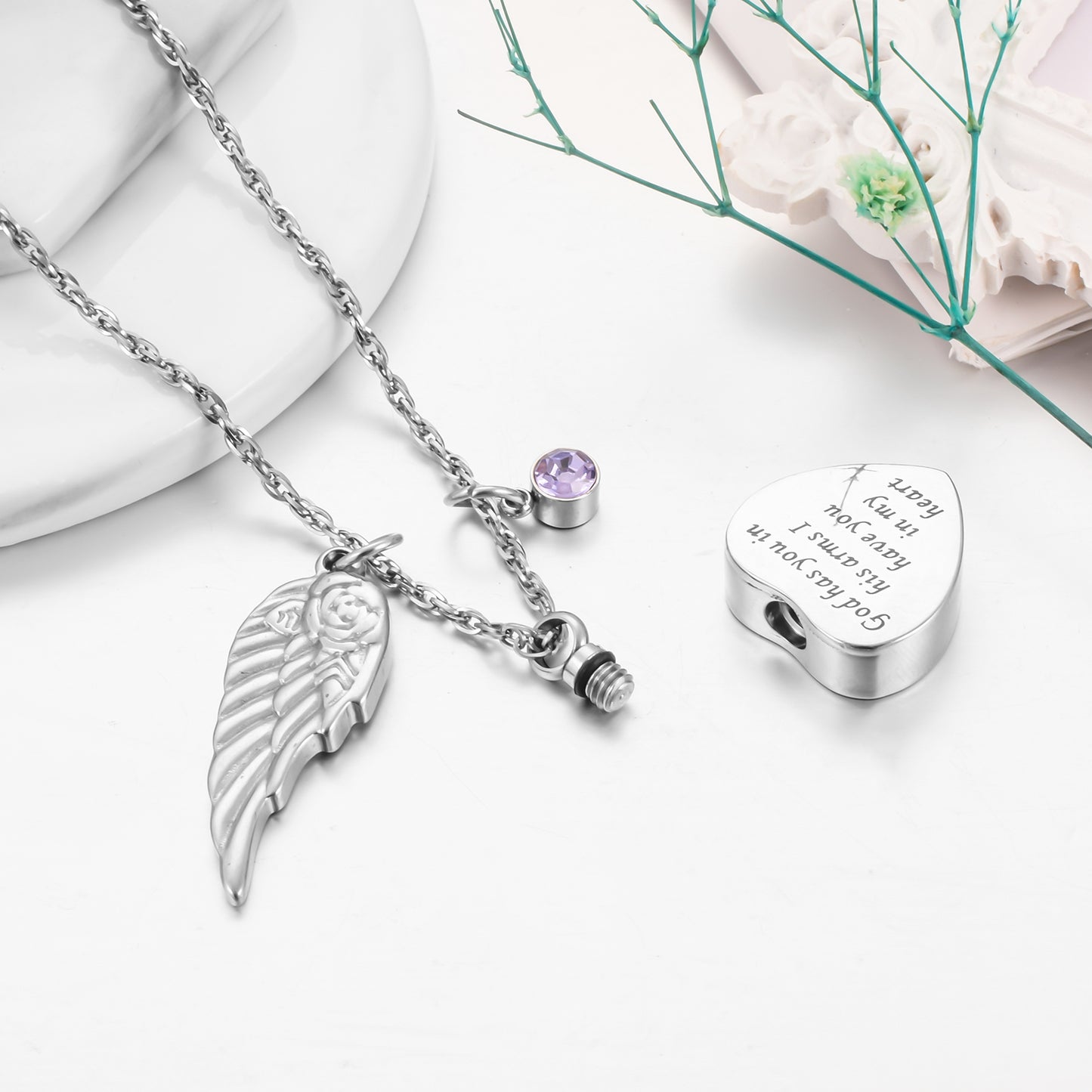 Memorial Urn Necklace: Engraving ‘God Has You in His Arms’ Inscription