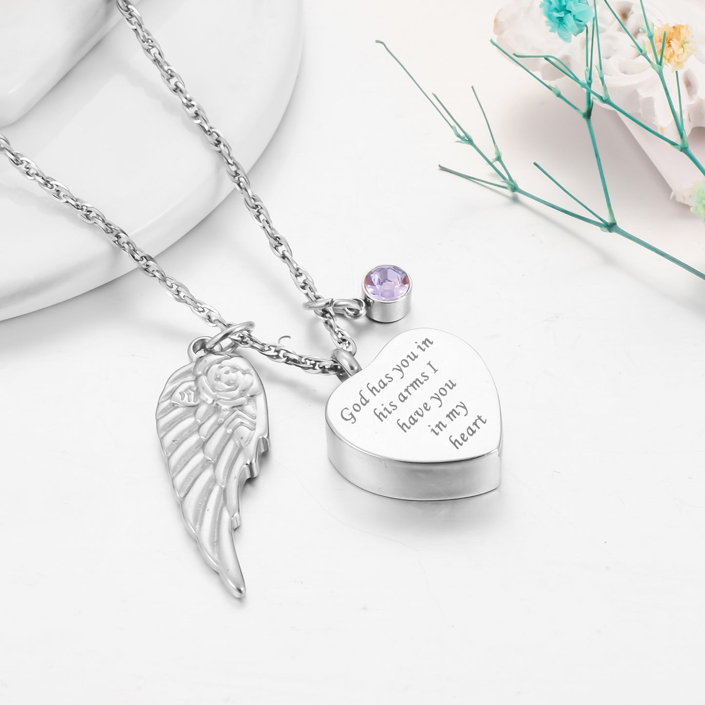 Memorial Urn Necklace: Engraving ‘God Has You in His Arms’ Inscription