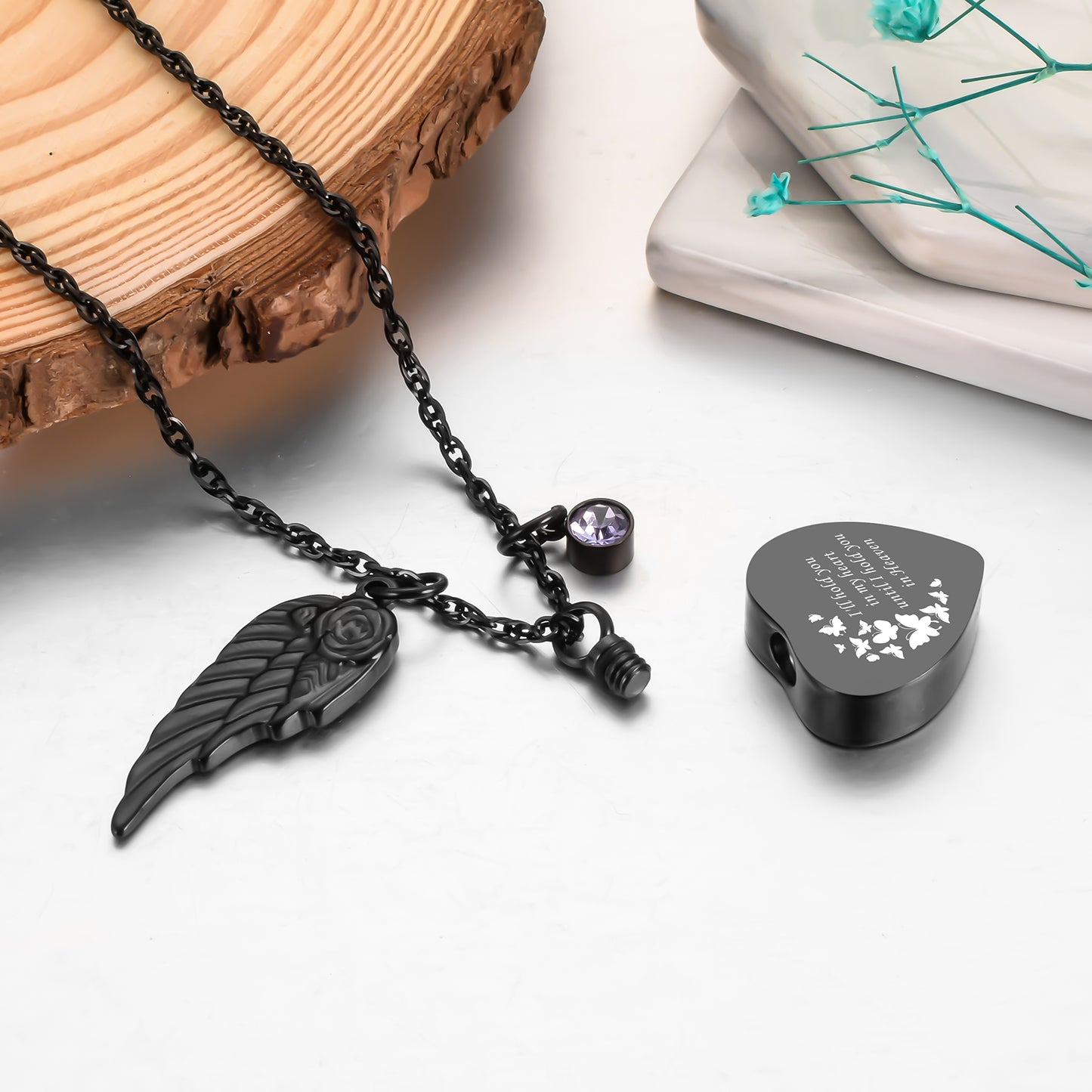 Memorial Urn Necklace: Dark Romantic Tribute with Heart, Angel Wing and Crystal
