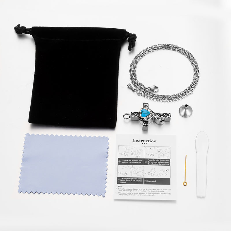Unique Cross and Blue Turquoise Cremation Necklace