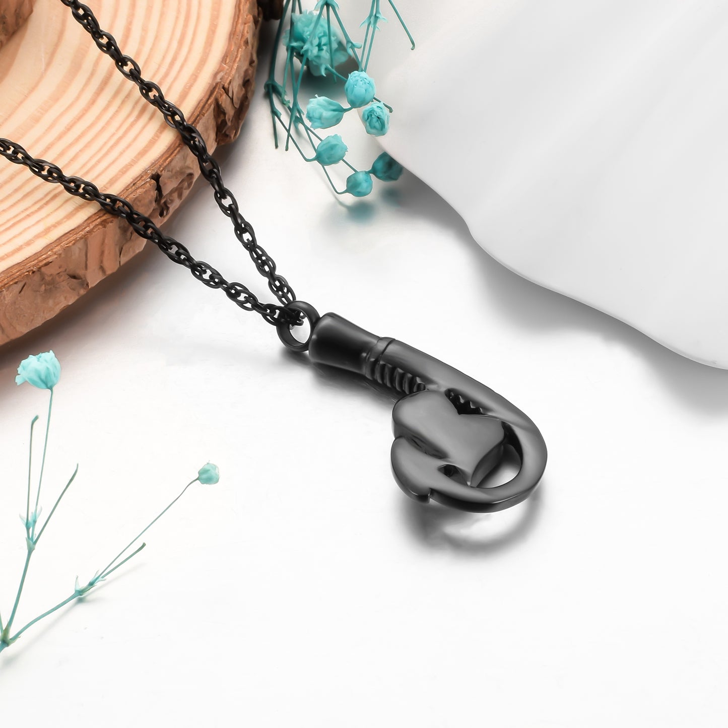 Fish Hook and Heart Cremation Necklace for Ashes