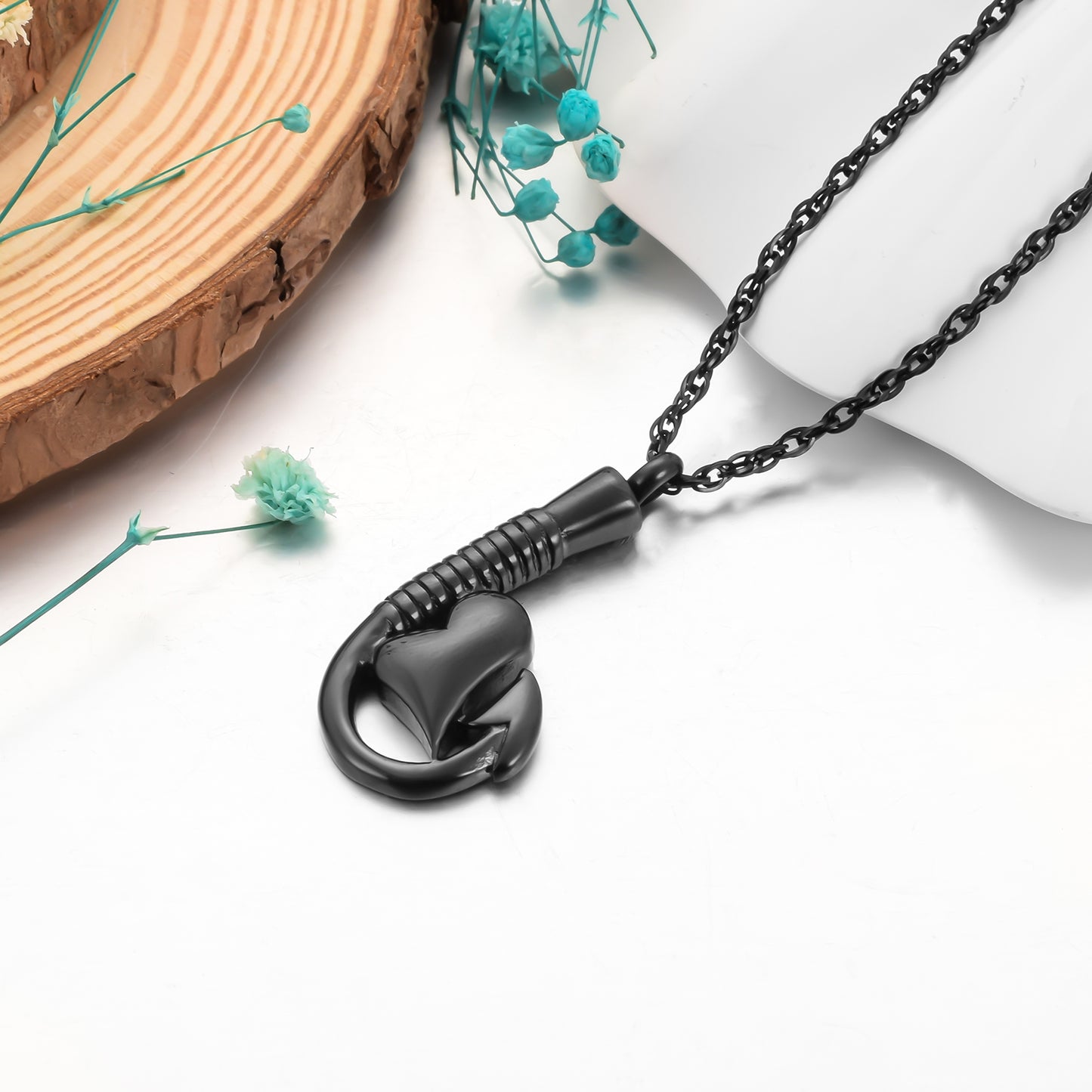Fish Hook and Heart Cremation Necklace for Ashes