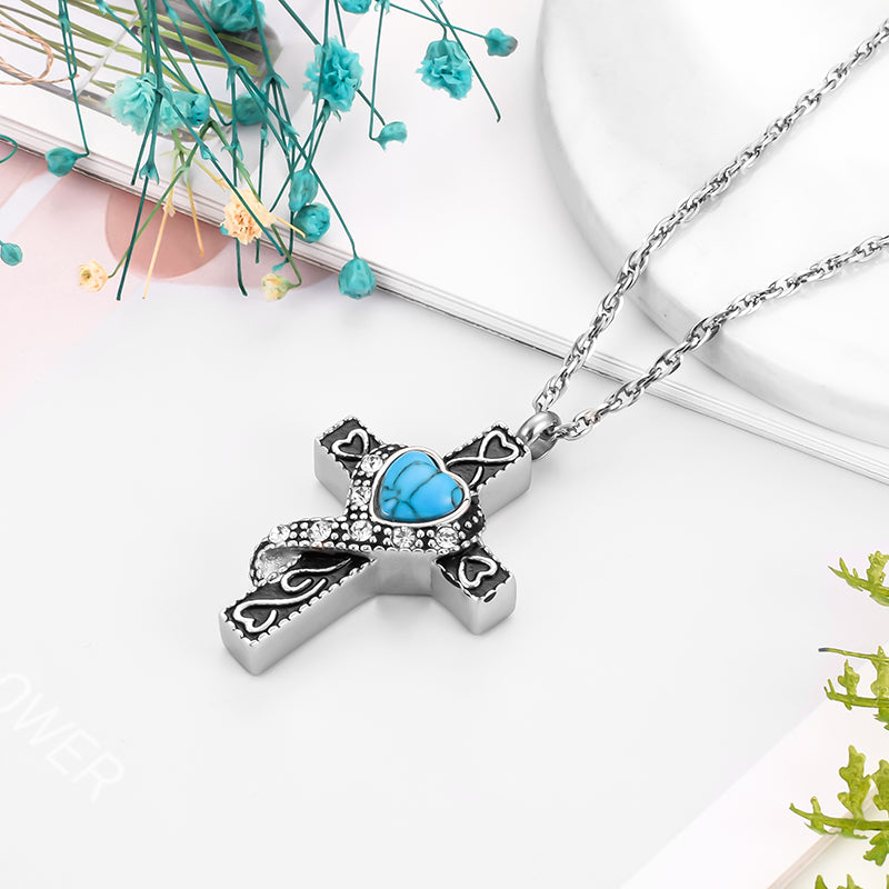 Unique Cross and Blue Turquoise Cremation Necklace