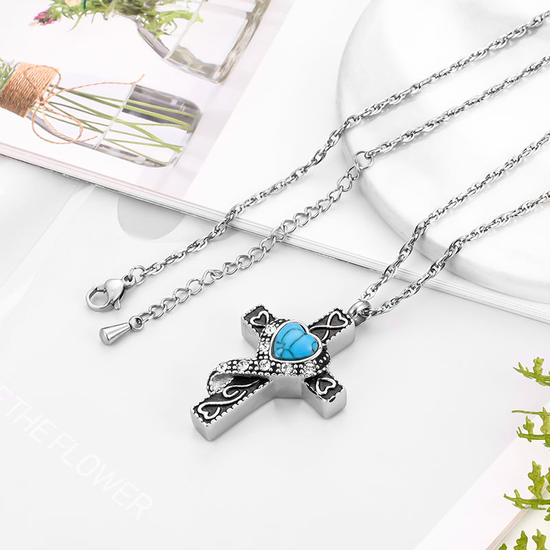 Unique Cross and Blue Turquoise Cremation Necklace