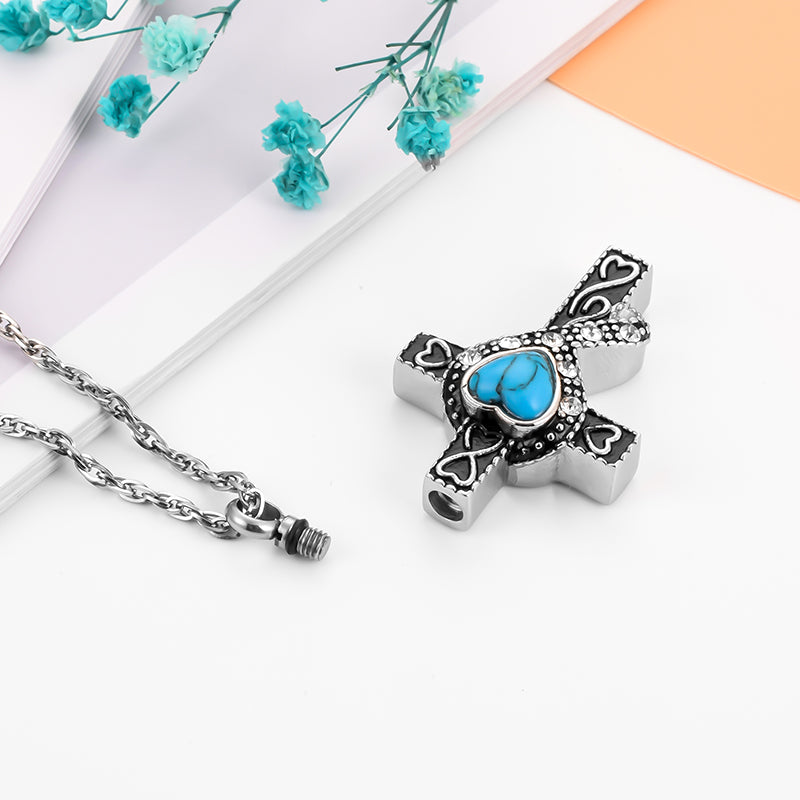 Unique Cross and Blue Turquoise Cremation Necklace