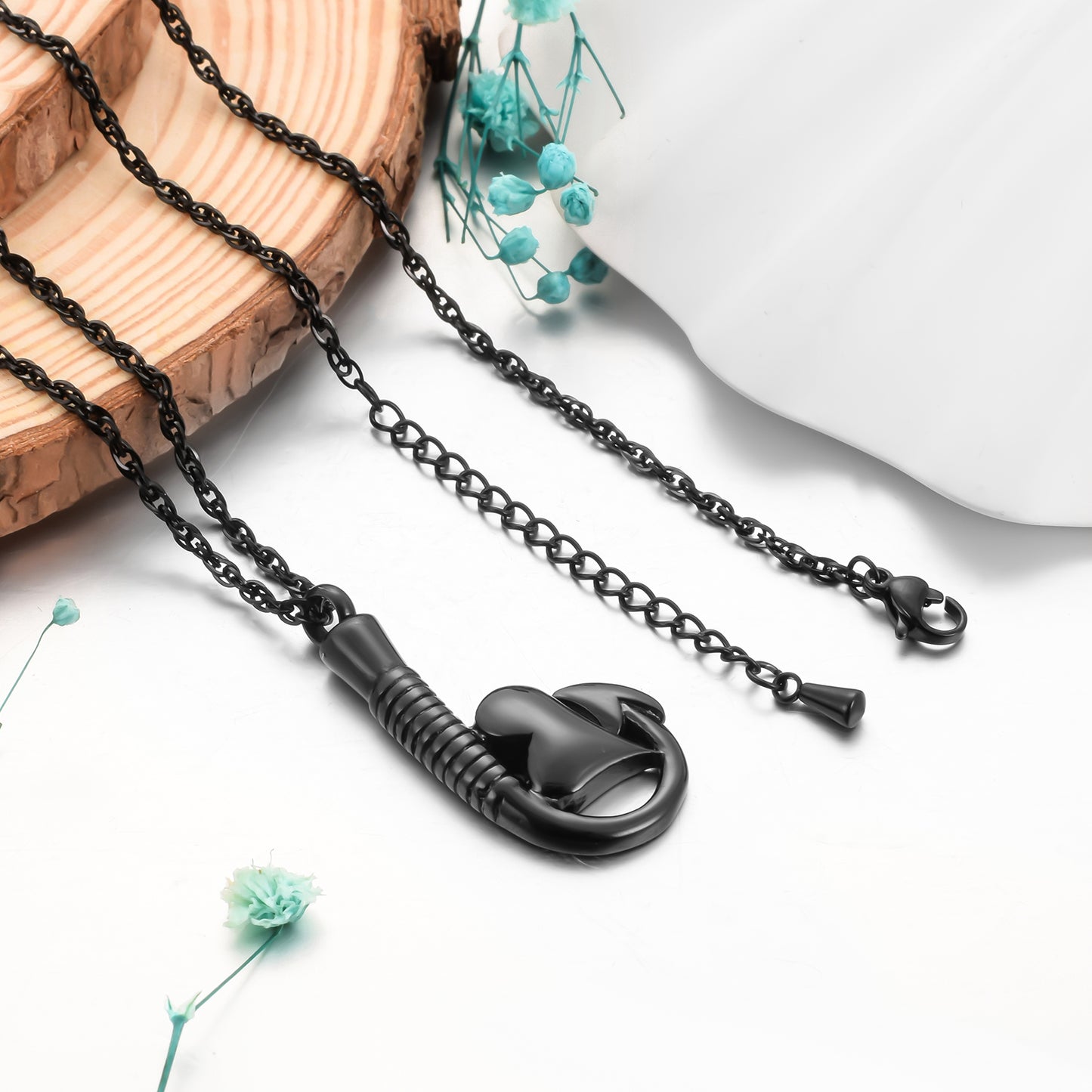 Fish Hook and Heart Cremation Necklace for Ashes