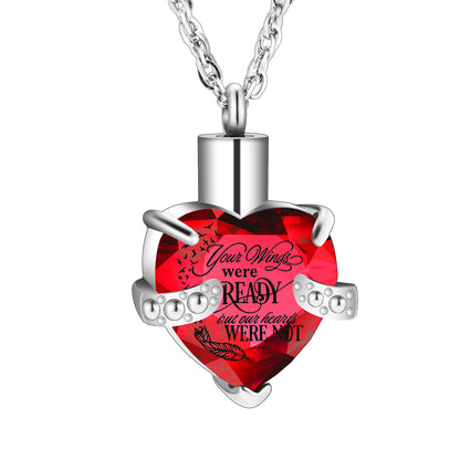 Heart Shaped Crystal Memorial Urn Pendant Necklace with 'Your Wings were READY'