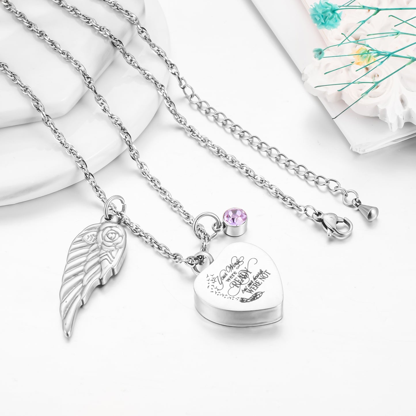 Heartfelt Memorial Jewelry: Winged - Rose & Birthstone Locket Necklace