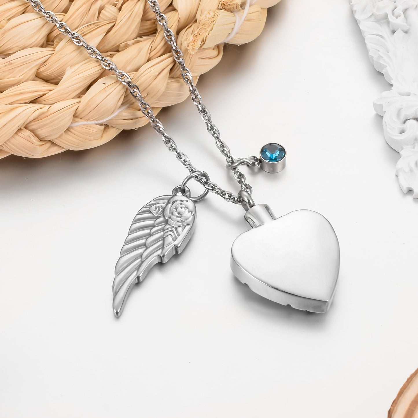Memorial Pendant: Heart, Wing, and Customizable Crystal