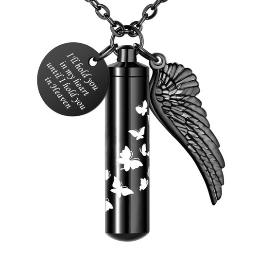 Black Cylindrical Memorial Urn Pendant with Angel Wing and Butterflies