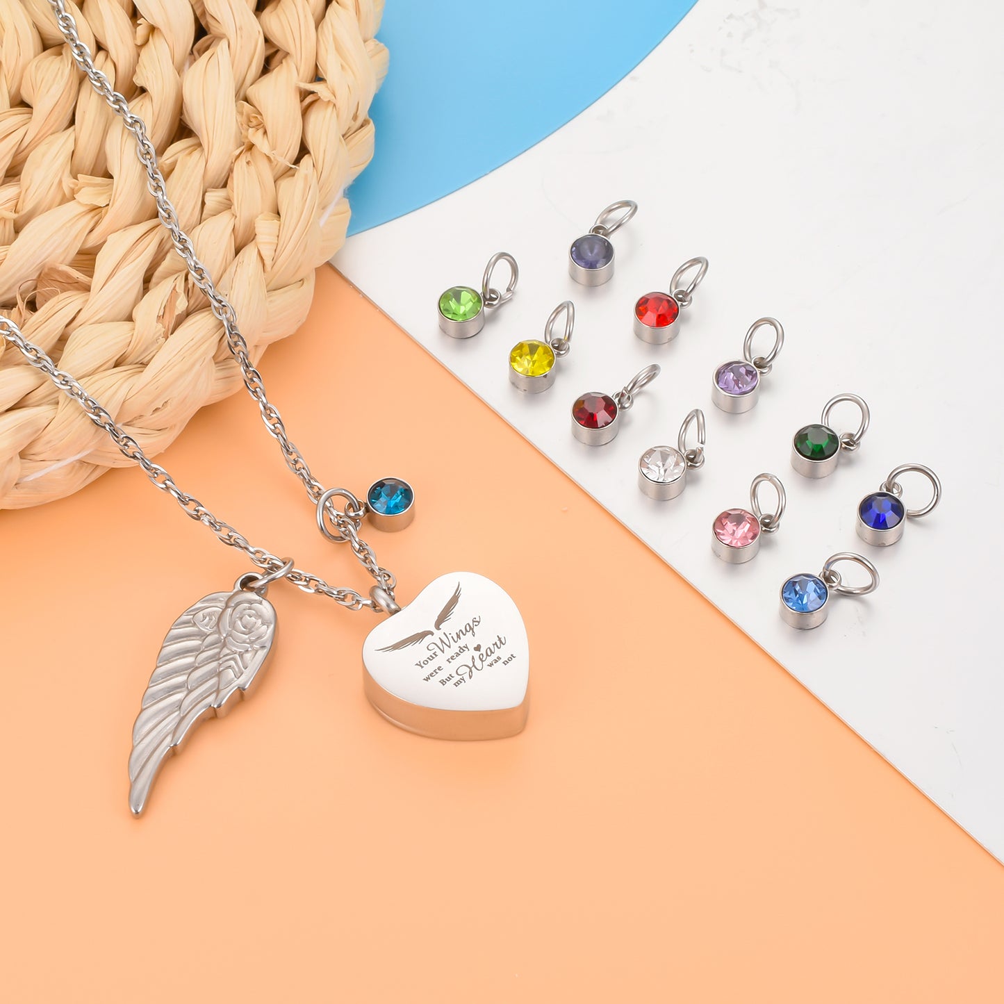 Heat Memorial Necklace with Biirthstone and Wings