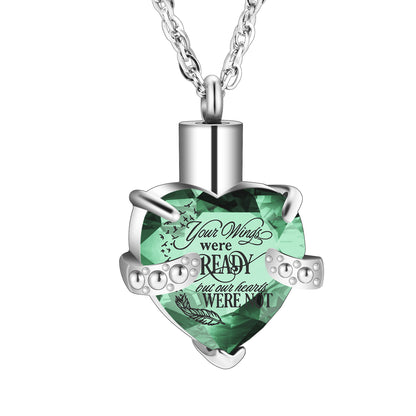 Heart Shaped Crystal Memorial Urn Pendant Necklace with 'Your Wings were READY'