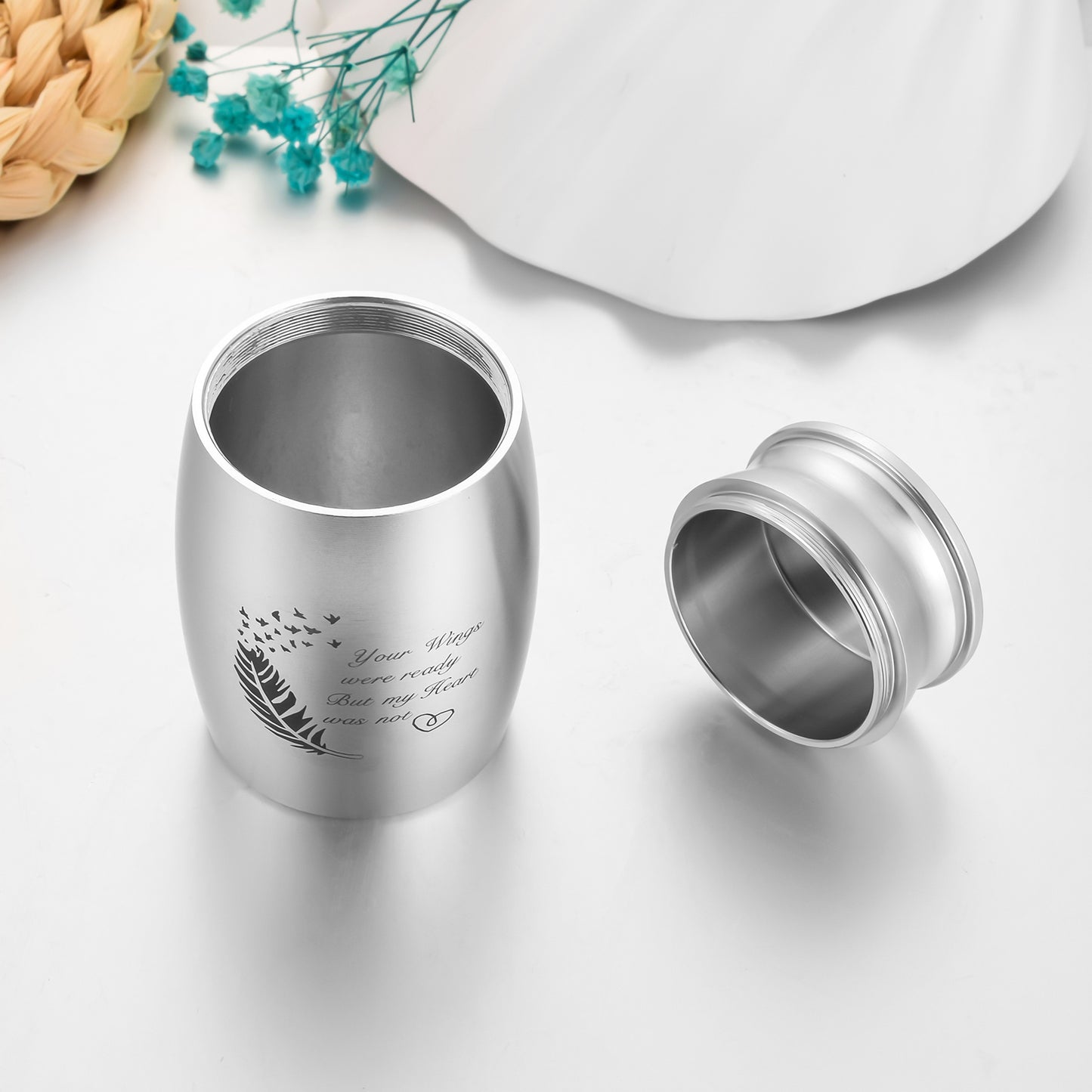 Heartfelt Memorial Urns: Engraved Feather, Birds & 'Your Wings were ready
