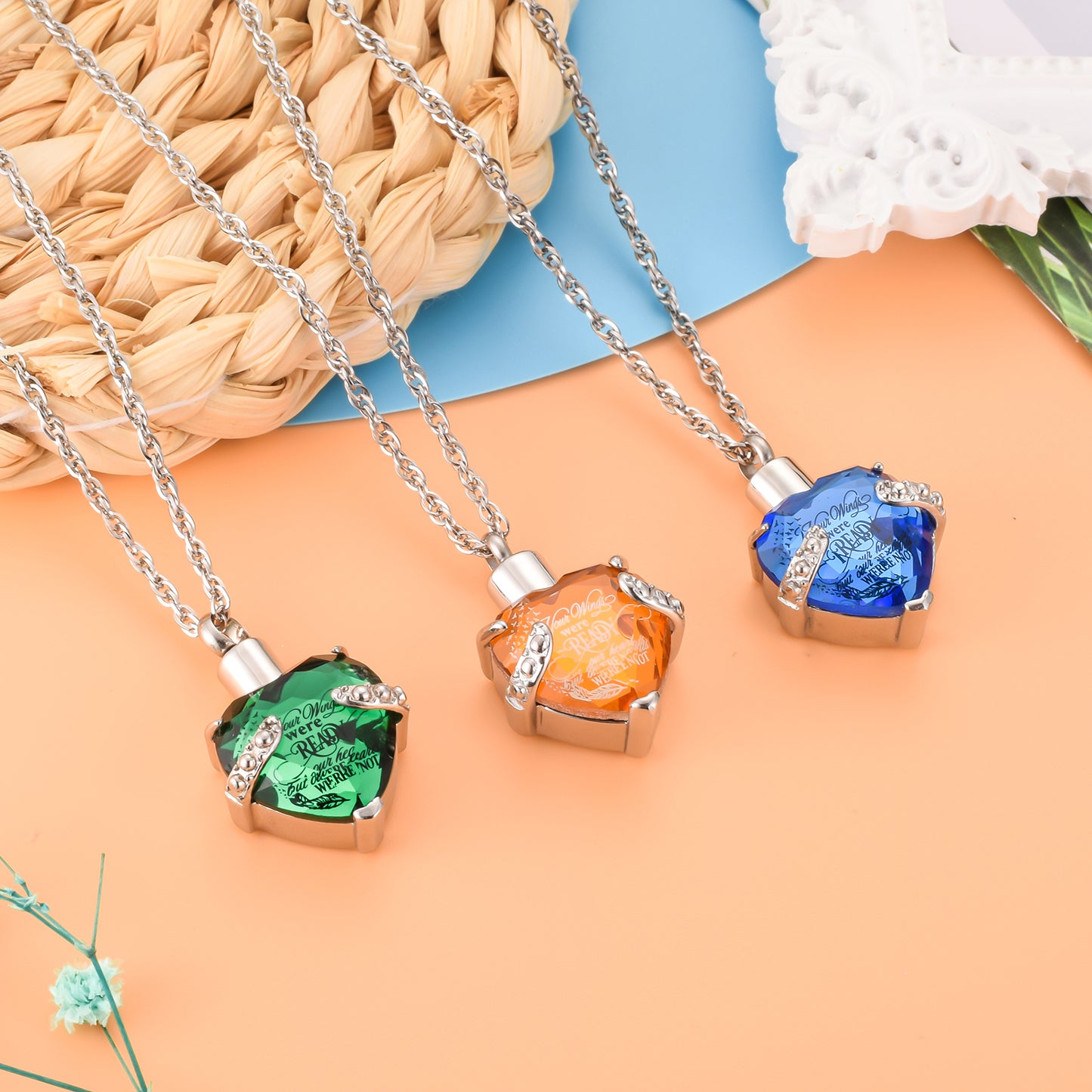 Heart Shaped Crystal Memorial Urn Pendant Necklace with 'Your Wings were READY'