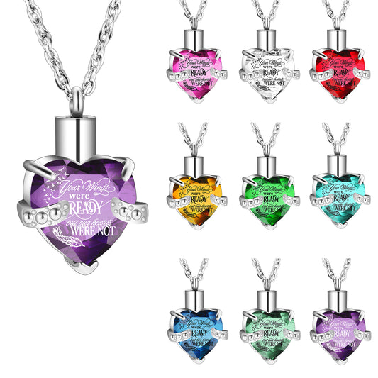 Heart Shaped Crystal Memorial Urn Pendant Necklace with 'Your Wings were READY'