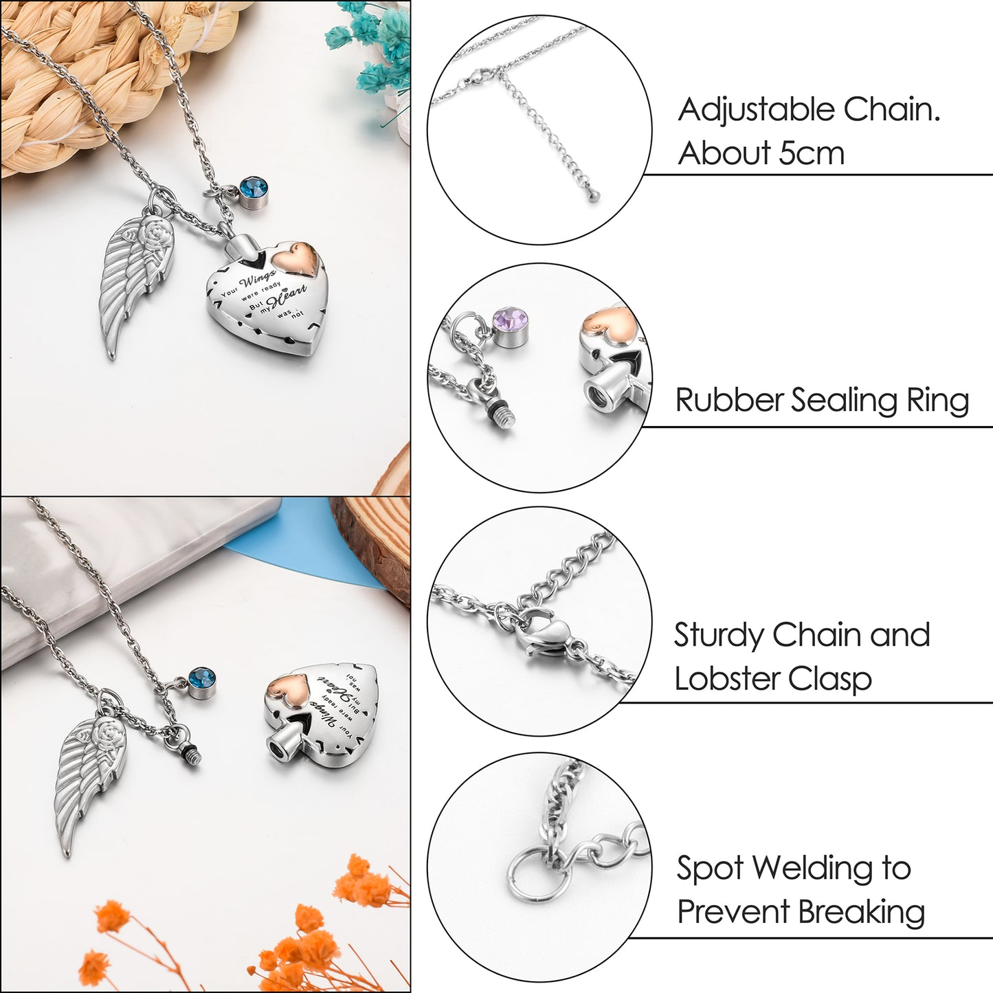 Memorial Pendant: Heart, Wing, and Customizable Crystal