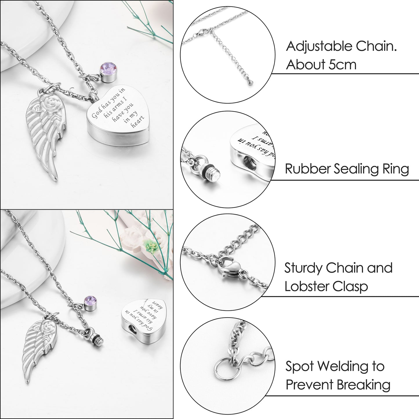 Memorial Urn Necklace: Engraving ‘God Has You in His Arms’ Inscription