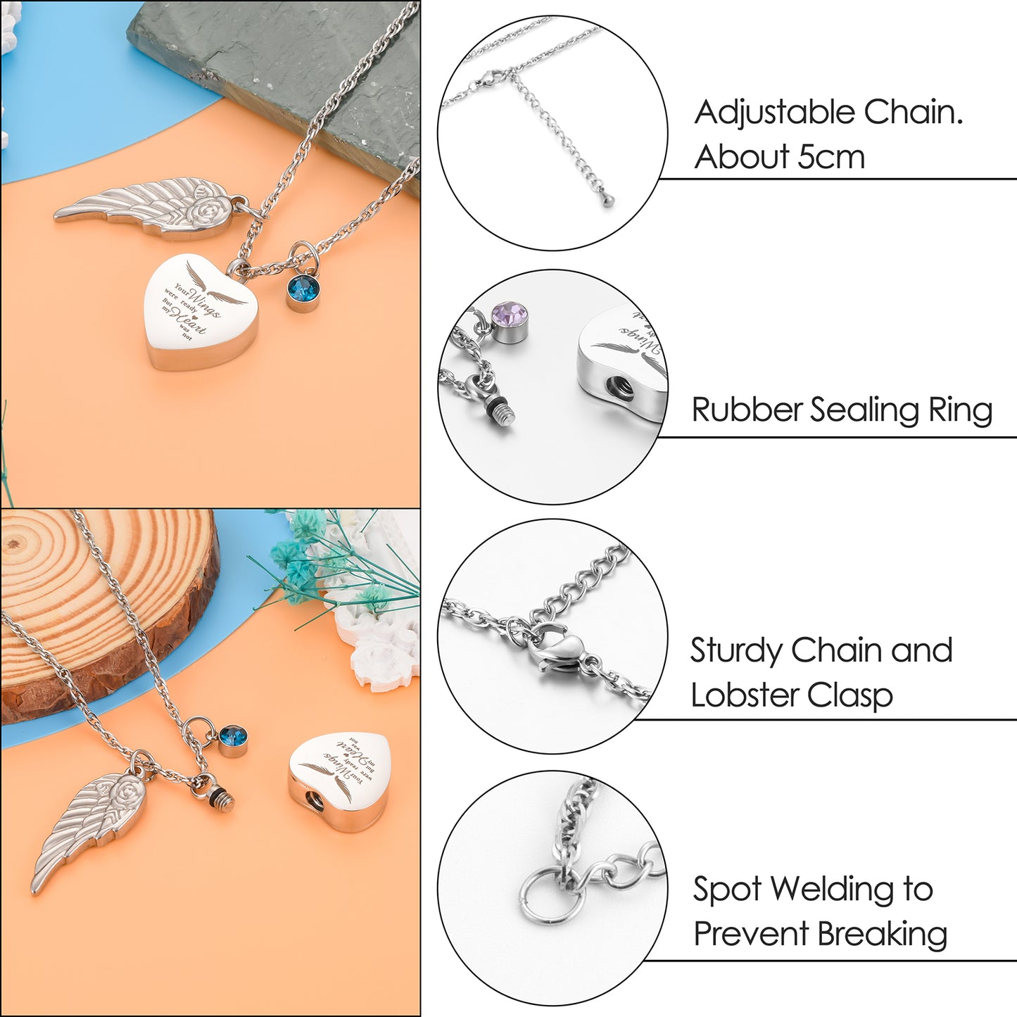 Heat Memorial Necklace with Biirthstone and Wings