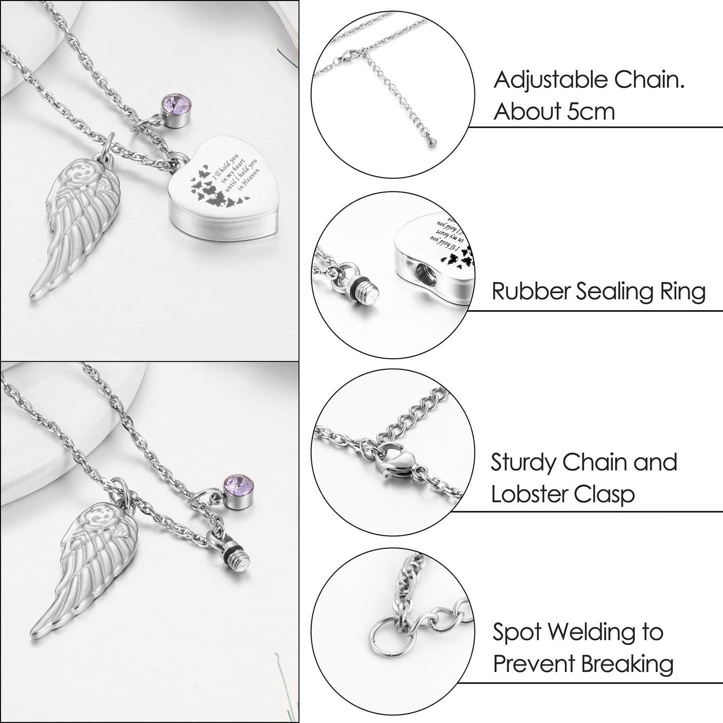 Heart Shaped Memorial Urn Necklace with Angel Wing & Butterfly
