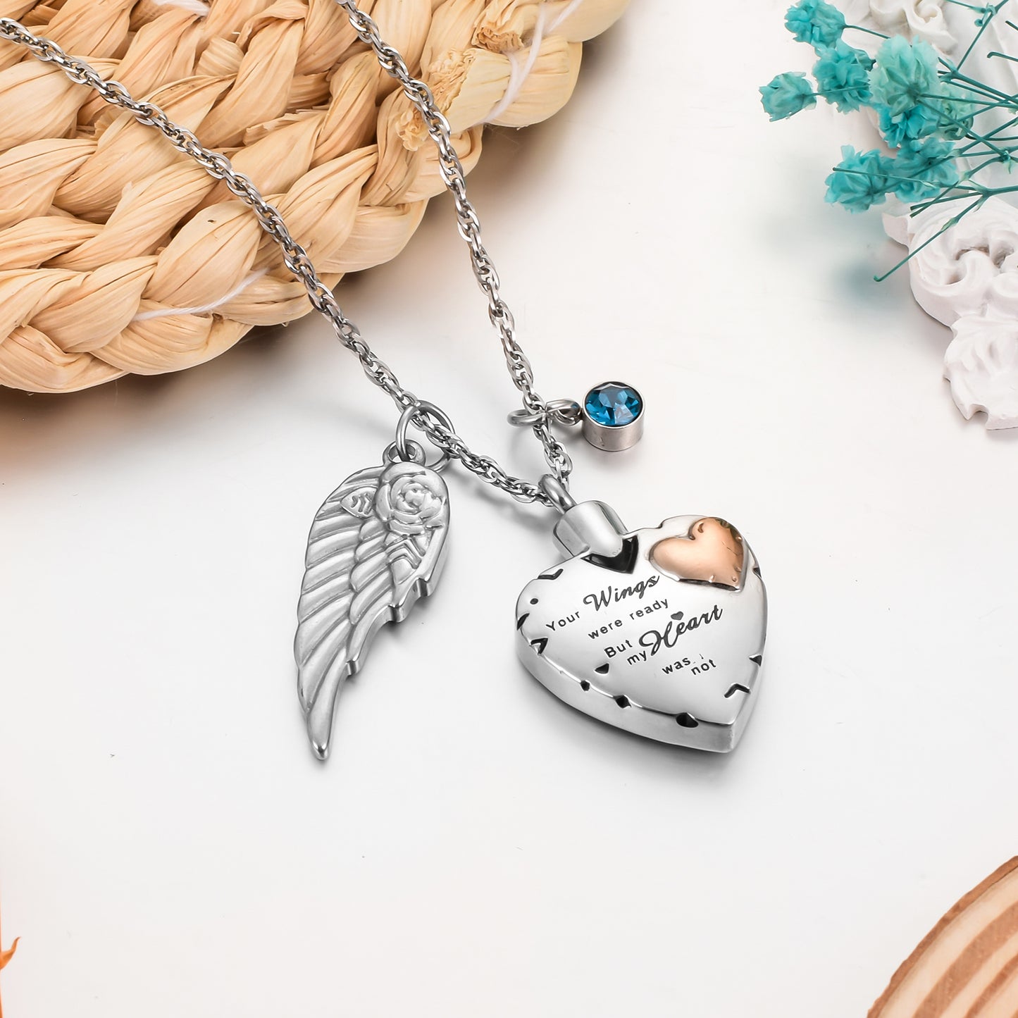 Memorial Pendant: Heart, Wing, and Customizable Crystal