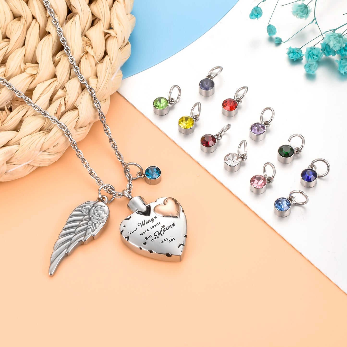 Memorial Pendant: Heart, Wing, and Customizable Crystal