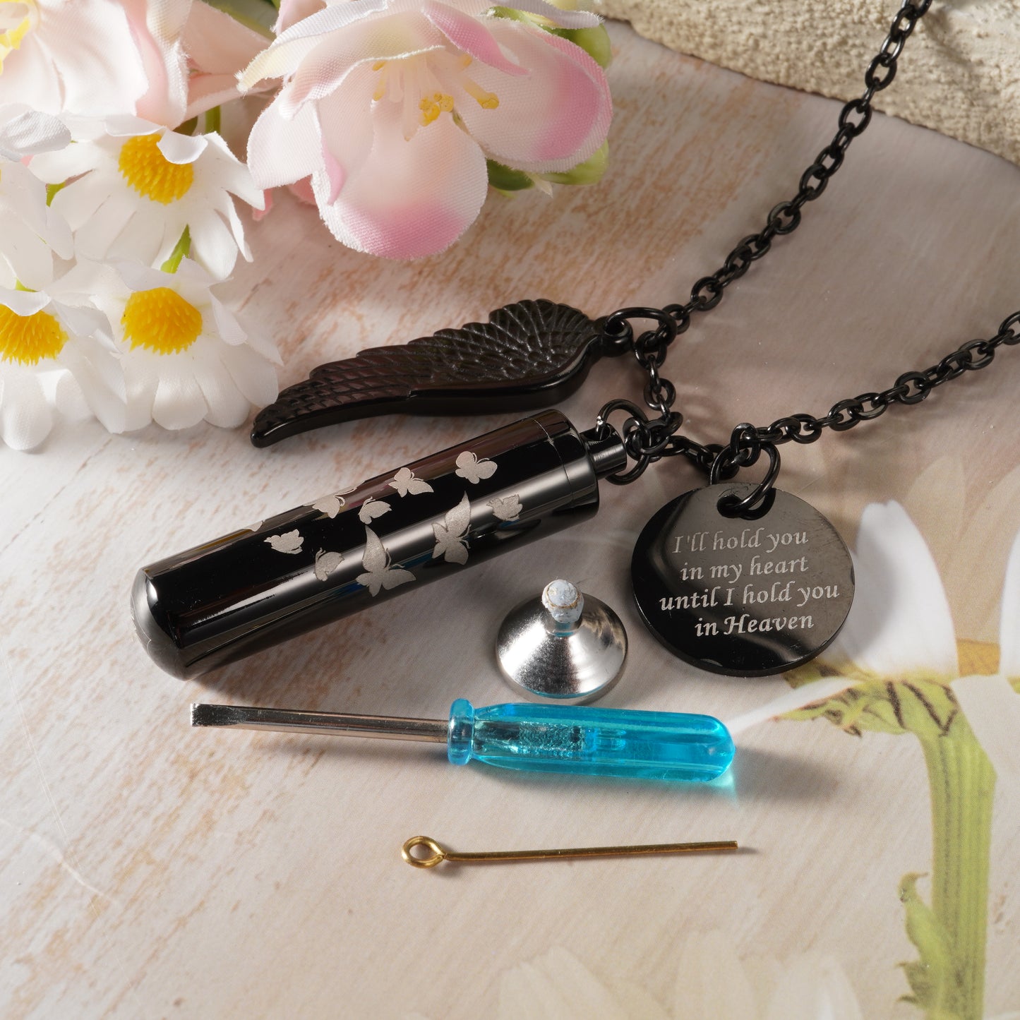 Black Cylindrical Memorial Urn Pendant with Angel Wing and Butterflies
