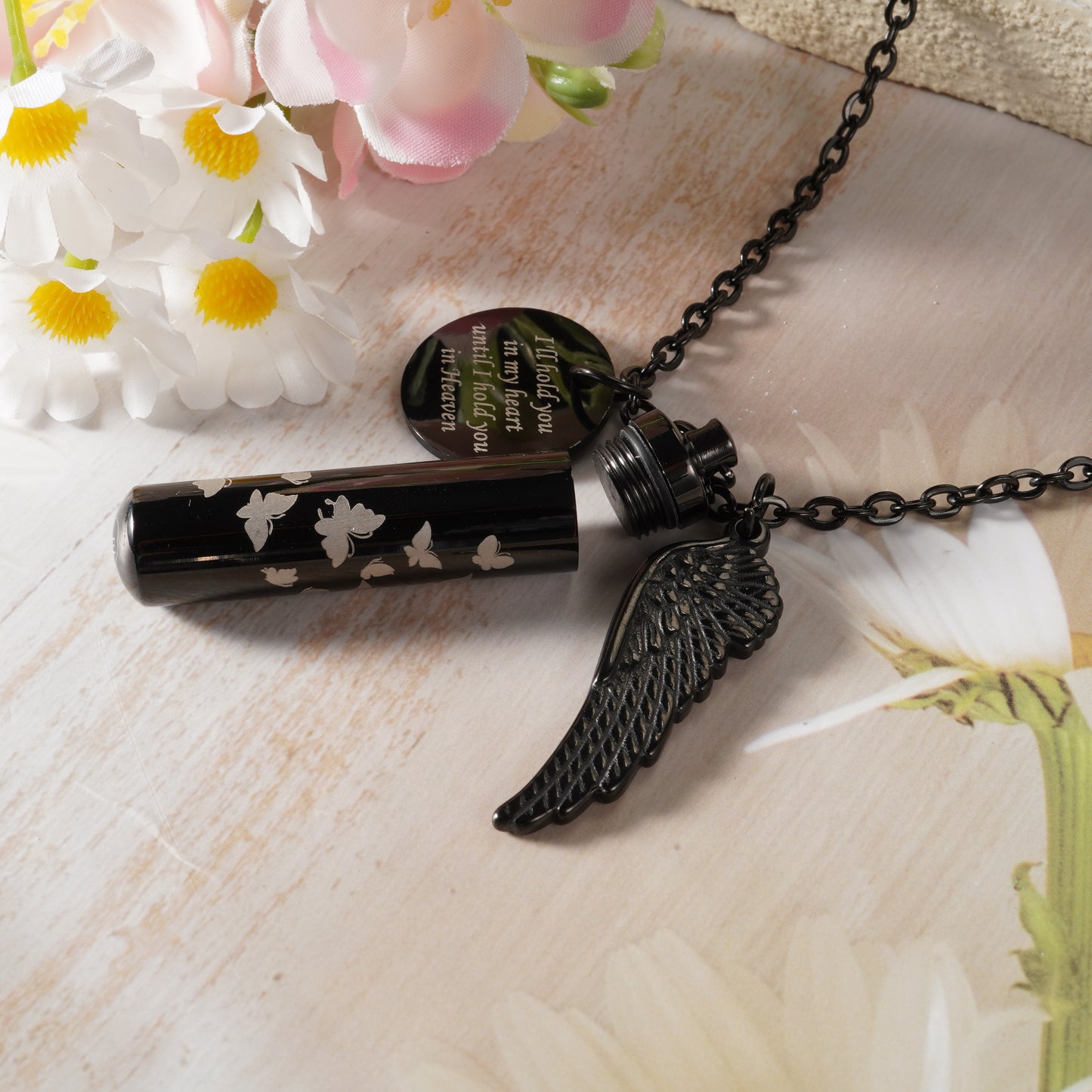 Black Cylindrical Memorial Urn Pendant with Angel Wing and Butterflies