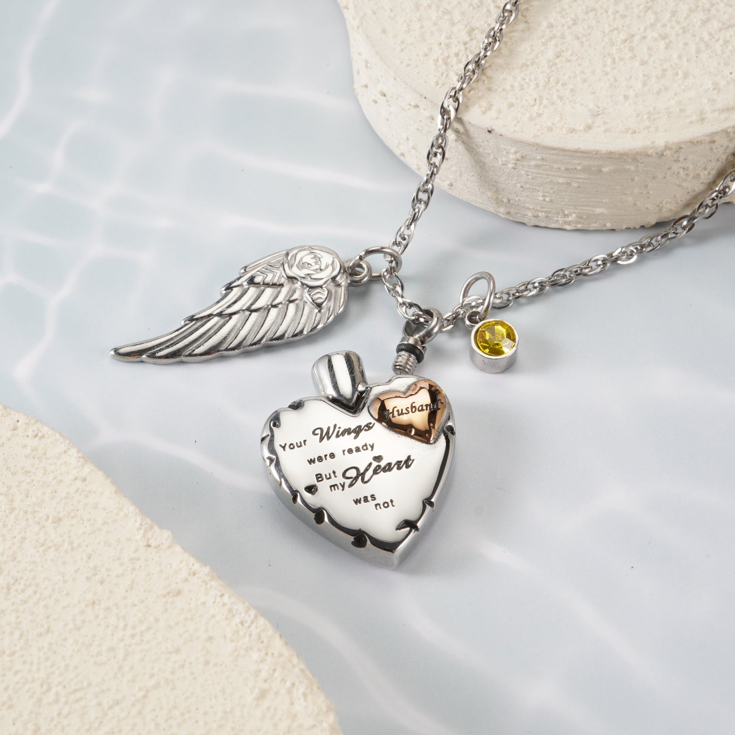Heartfelt  Memorial Urn Necklace with Details & Birthstone