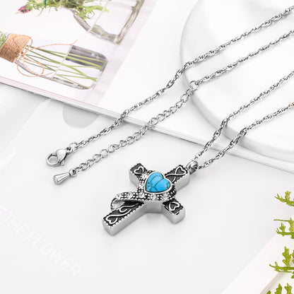 Unique Cross and Blue Turquoise Cremation Necklace