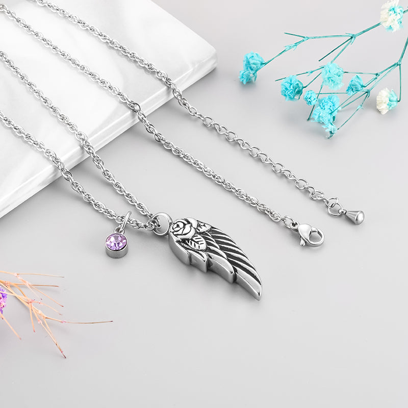 Angle Wings Cremation Necklace with Birthstone